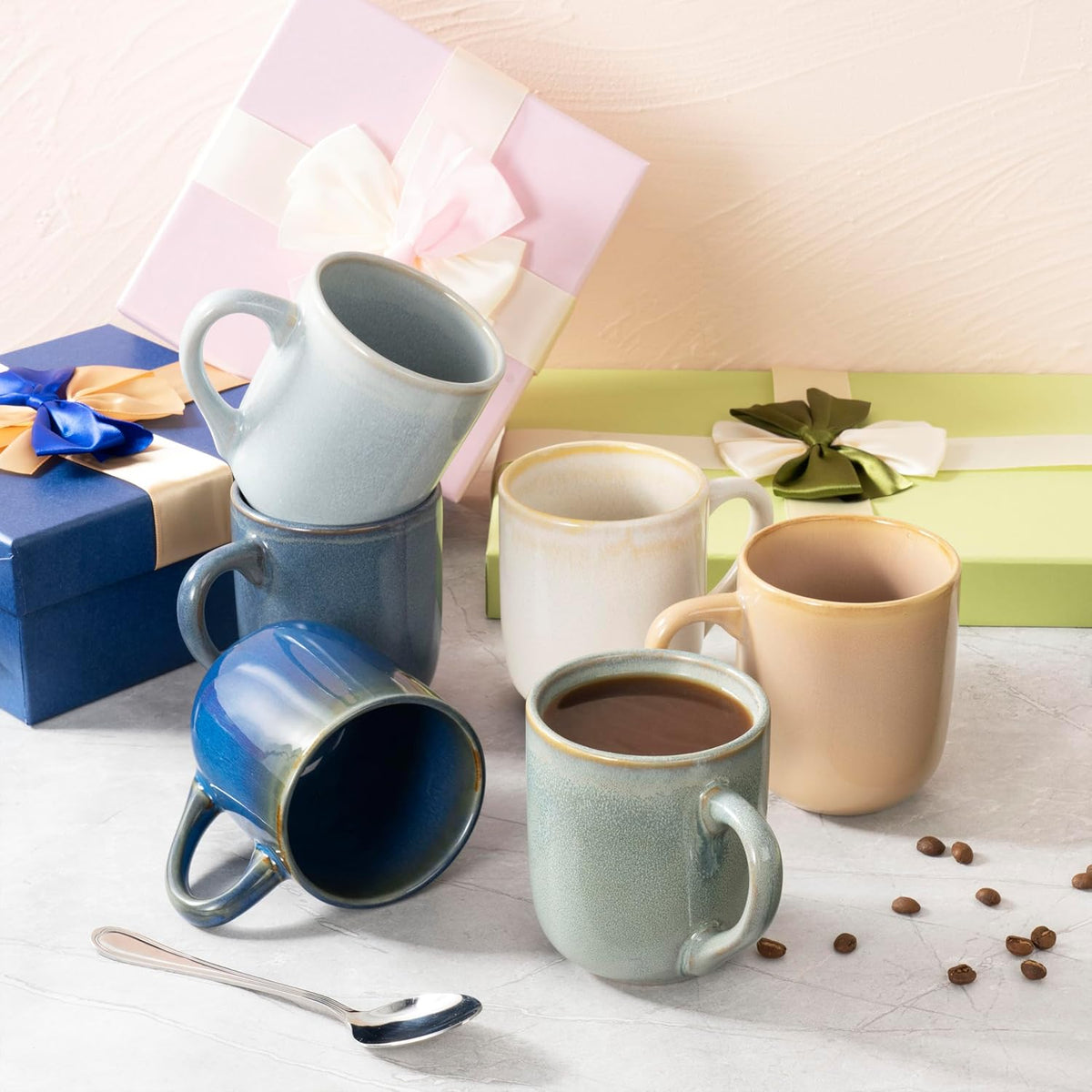 bestone Coffee Mugs Set of 6，12 oz Coffee Mugs, Ceramic Mugs with Handles,Cups Microwave & Dishwasher safe，Vibrant Colors