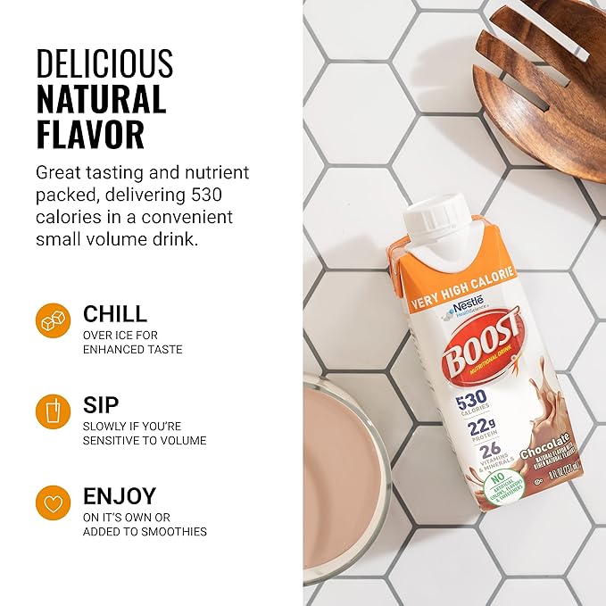 BOOST Very High Calorie Nutritional Drink – Helps Weight Gain & Maintenance -530 Calories -26 Vitamins & Minerals - 22 g Protein - Variety Pack - Vanilla, Chocolate & Strawberry - 8 fl oz (Pack of 24)