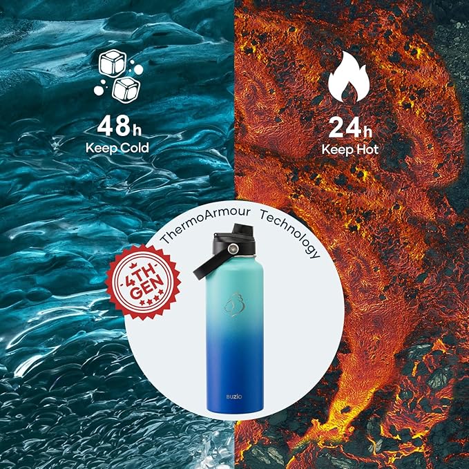 BUZIO Insulated Water Bottle with Straw, 40 oz Stainless Steel Sports Wide Mouth Water Bottle, BPA-Free Flex Cap and Straw Lid, Wide Mouth BPA-Free Sweat-Proof Sports Water Flask, Keep Hot Cold