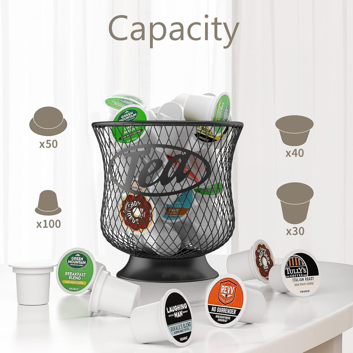 Tea Pod Holder, Sturdy K Cup Organizer, Large Capacity K Cup Storage for Keuring Espresso Capsule Coffee Creamer, Easy to Refill and Organize for Cafe Bar, Coffee Bar Decor