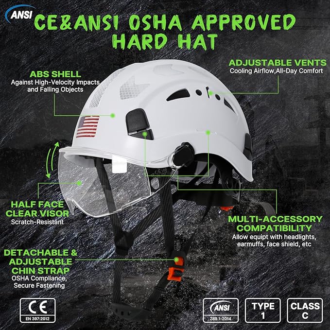 AOLAMEGS Construction Safety Hard Hat - ANSI Z89.1 Type Ι OSHA Approved Safety Helmets with Chin Straps Lightweight Reflective Vented ABS Hard Hats For Men Women Industrial Workwear 6-point Suspension