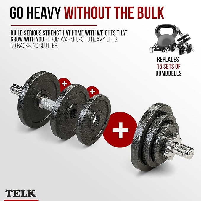 TELK – Adjustable Dumbbell Set – Home Gym Weight Set with Baked Enamel Cast Iron Plates – Space-Saving Free Weights for Strength Training