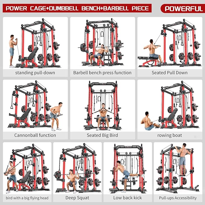 Power Cage,1600lbs Multi-Function Power Rack with Adjustable Cable Crossover System and More Training Attachment, Weight Cage for Home Gym