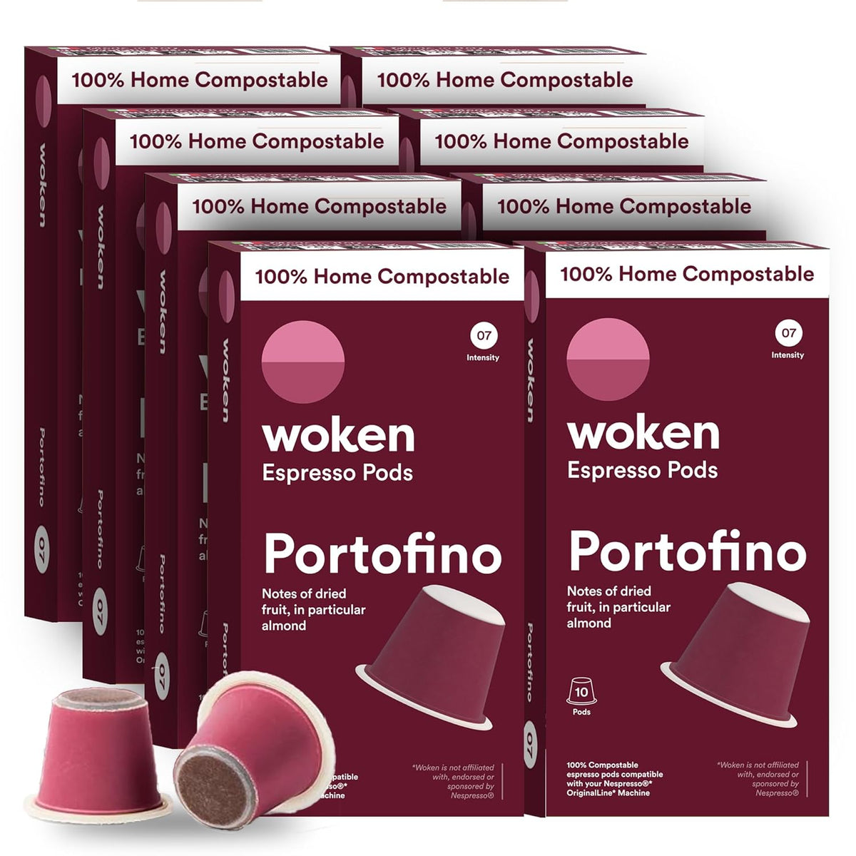 WOKEN COFFEE Compostable Nespresso Pods - Portofino Medium Roast Italian Espresso Coffee Capsules Compatible With Nespresso Coffee Machine (80 Pod Count, 8 Boxes)