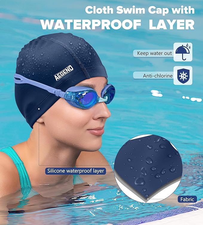 Aegend Fabric Swim Cap, Silicone Waterproof Layer - Breathable Cloth Swimming Cap, Keep Hair Dry with Hight Elasticity for Youth(8-16) Adult, 2 Sizes to Choose