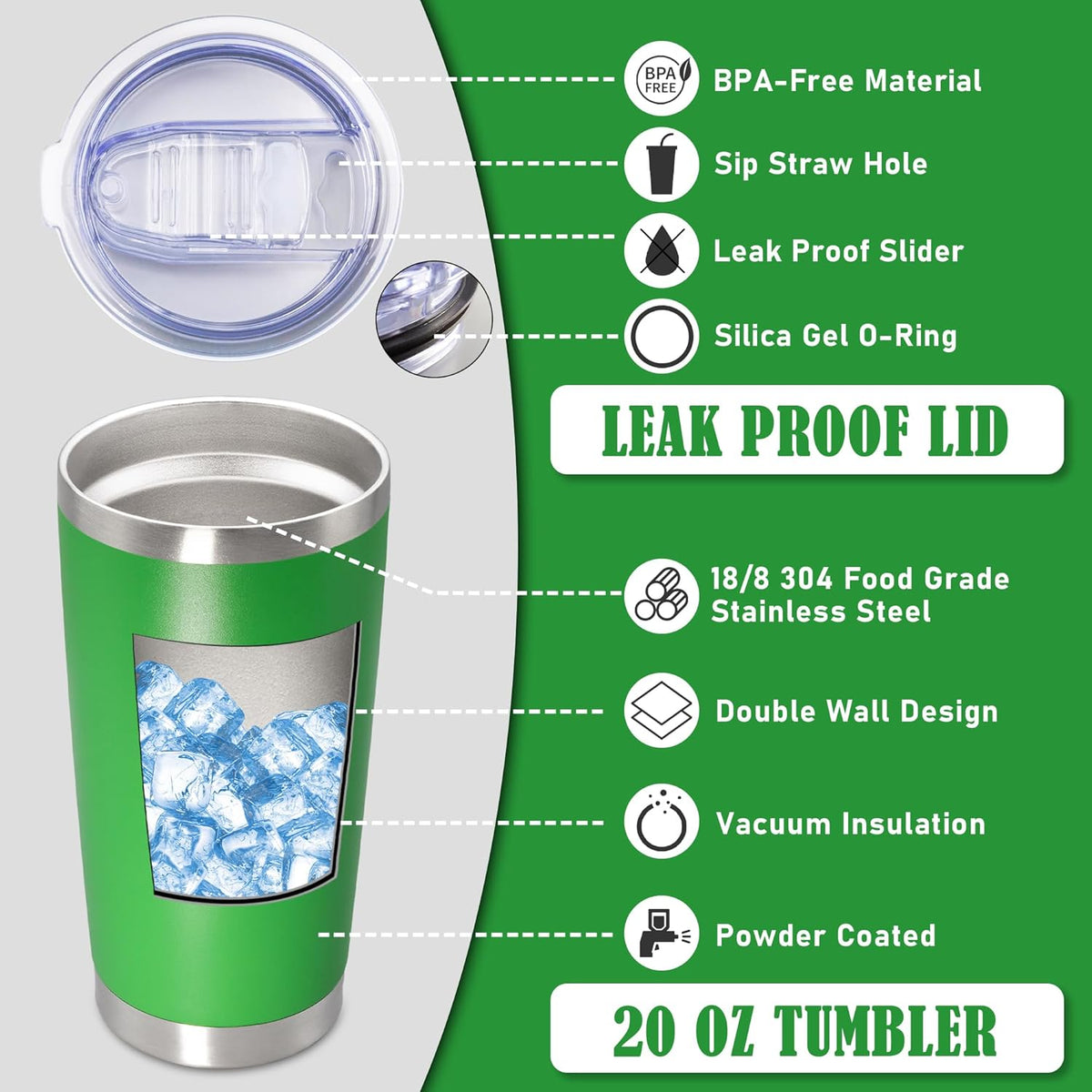 20 oz Tumbler Coffee Tavel Tumblers Bulk with Lid Stainless Steel Double Wall Vacuum Insulated Mug Powder Coated Cups fit Car Cupholder for Hot and Cold - Green, 8Pack