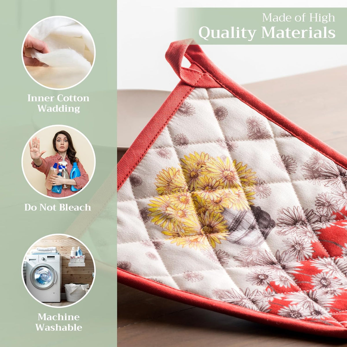 Maison d' Hermine Pot Holders 100% Cotton Heat Resistant Potholders 8" x 8" Hot Pads with Loop BBQ, Cooking, Baking, Grilling, Kitchen, Handling Hot Pans (Pack of 1, Bagatelle)