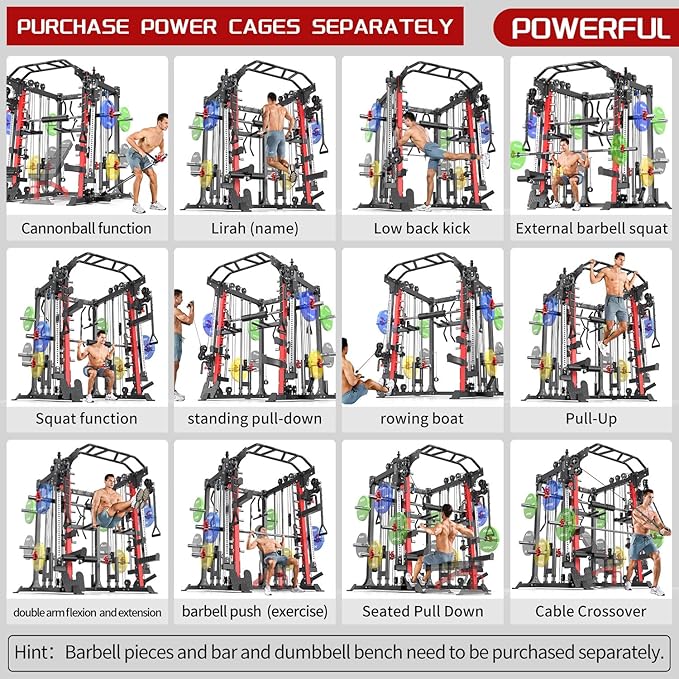 Smith Machine Power Rack Multifunctional Power Cage Deep Squat Rack Cable Crossover System Selectable More Training Attachment for Garage & Home Gym