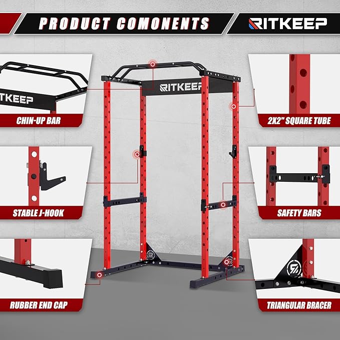 RitKeep Power Rack RMAX 2250 Multi-Function Power Cage for Strength Training - 1200lb Capacity Squat Rack with Multi-Grip Pull-Up Bar, Safety Bars, and J-Hook for Home Gym
