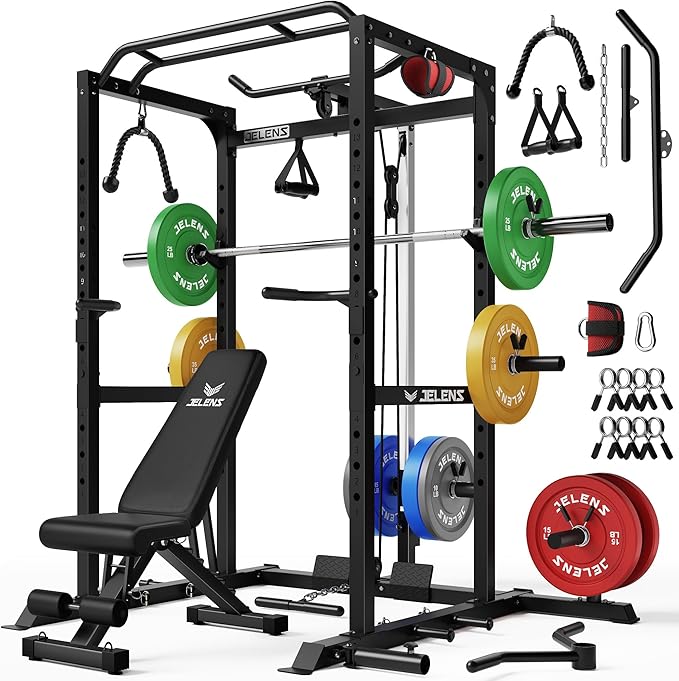 S21 Power Cage, Multi-Function Power Rack with Adjustable Cable Crossover System, 2000LBS Squat Rack for Home Gym with More Training Attachments
