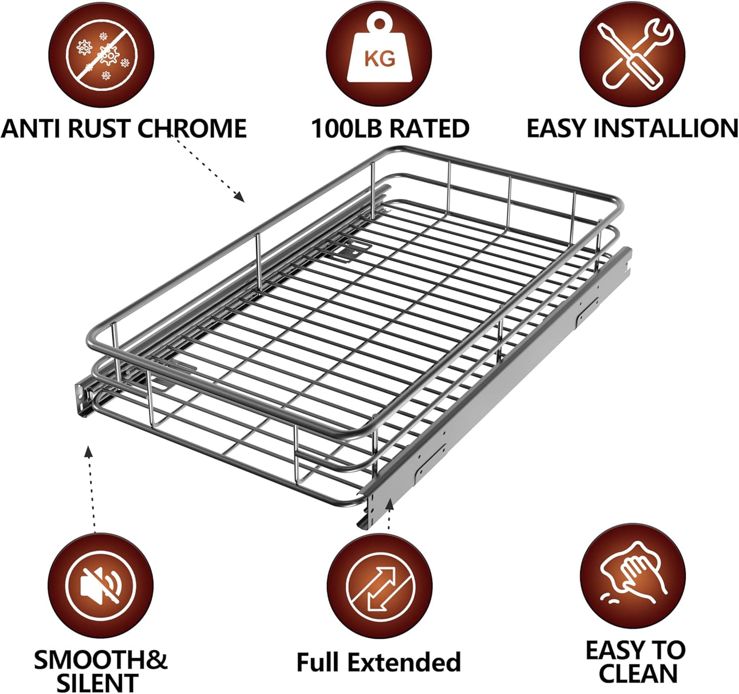 Pull Out Cabinet Organizer (22"W x 21"D), Slide Out Shelves for Kitchen Cabinets, Pull Out Drawers Heavy-Duty Metal Rolling Shelf, Chrome Finish