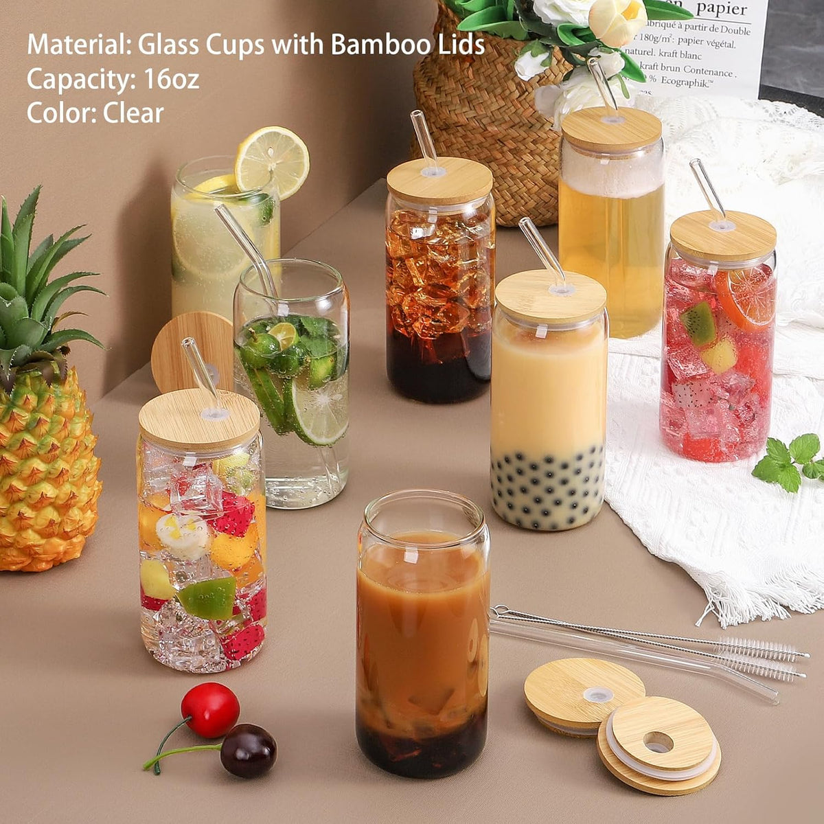 Glass Cups with Lid and Straw, 16oz Beer Glasses Glass Coffee Cups, Iced Coffee Cups with Lid, Glass Tumbler with Straw and Lid (4 PACK)
