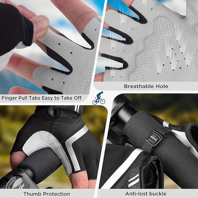 Bike Cycling Gloves - Men & Women, Anti-Slip, Shock-Absorbing Mountain Bike Gloves with Breathable Fabric & Reflective Strips