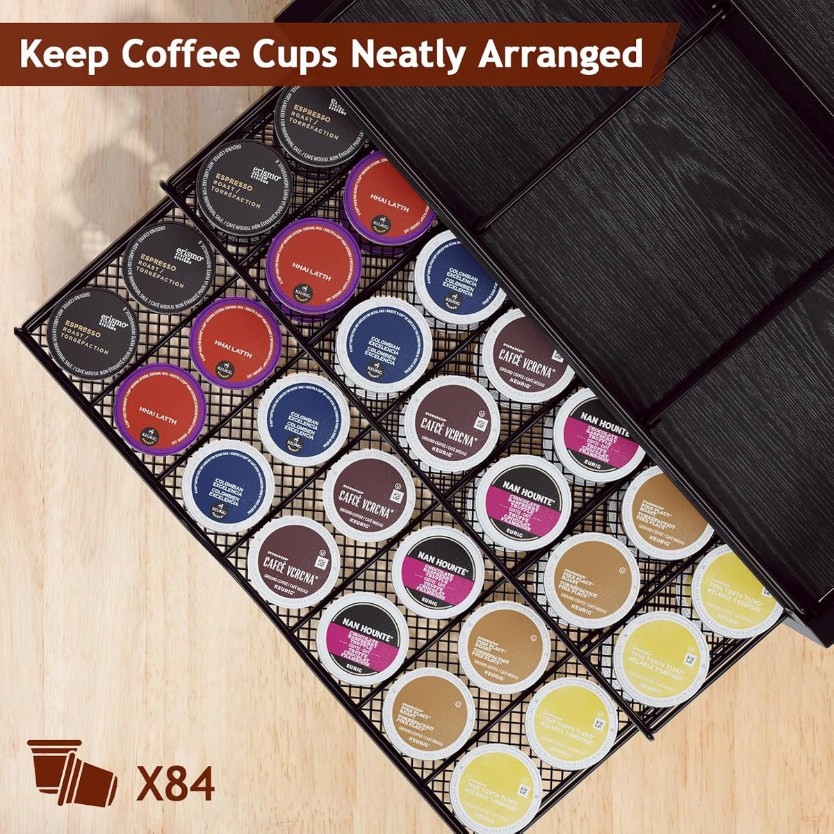 Coffee Bar Organizer - Coffee Station for Countertop, Metal and Wood K Cup holder Storage Basket for Syrup, Cups, Stirrer, Condiment, Tea Organizer, Black