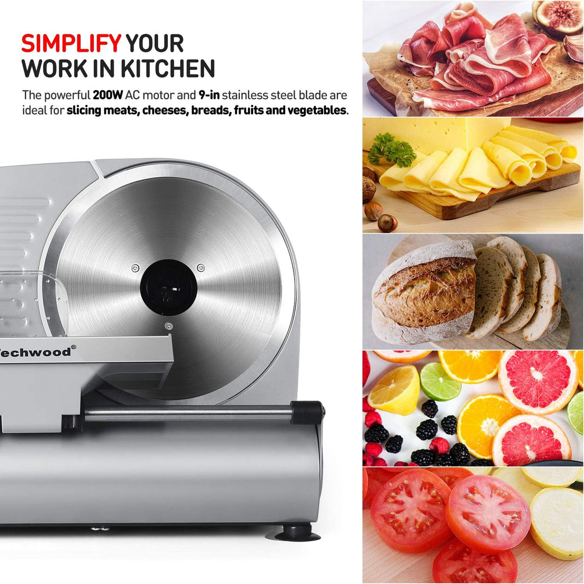 Meat Slicer, Techwood 200W Electric Food Slicer with Removable 9” Stainless Steel Double Blade, Silver
