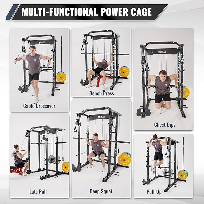 MAJOR FITNESS PLM03 Power Rack - 1400LBS Home Gym with Cable Crossover, Pull-Up Bar & Landmine, Strength Training Equipment