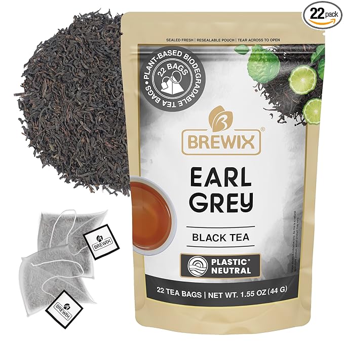 BREWIX, Earl Grey Tea Bags (22 Pyramid Tea Bags) Long Leaf Indian Black Tea with Bergamot, Packed in Resealable Ziplock Pouch | Black Tea with Bergamot
