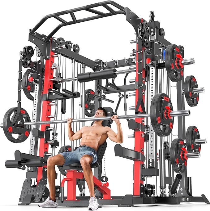 Smith Machine Power Rack Multifunctional Power Cage Deep Squat Rack Cable Crossover System Selectable More Training Attachment for Garage & Home Gym