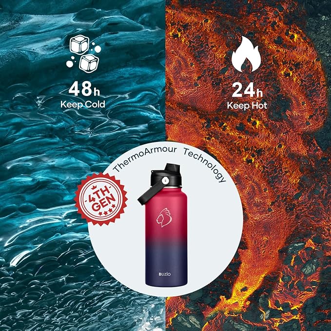 BUZIO 32oz Insulated Water Bottle, Triple Wall Vacuum Stainless Steel Water Flask with Straw Lid, BPA-Free Leakproof Sports Canteen for Sports Hiking, Cold 48H & Hot 24H- Ruby Red Navy