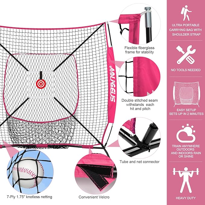 6'X6' Baseball Softball Practice Net,Pitching Net,Batting Net,with Bonus Strike Zone,Target and Bow Frame,for Hitting,Pitching,Catching