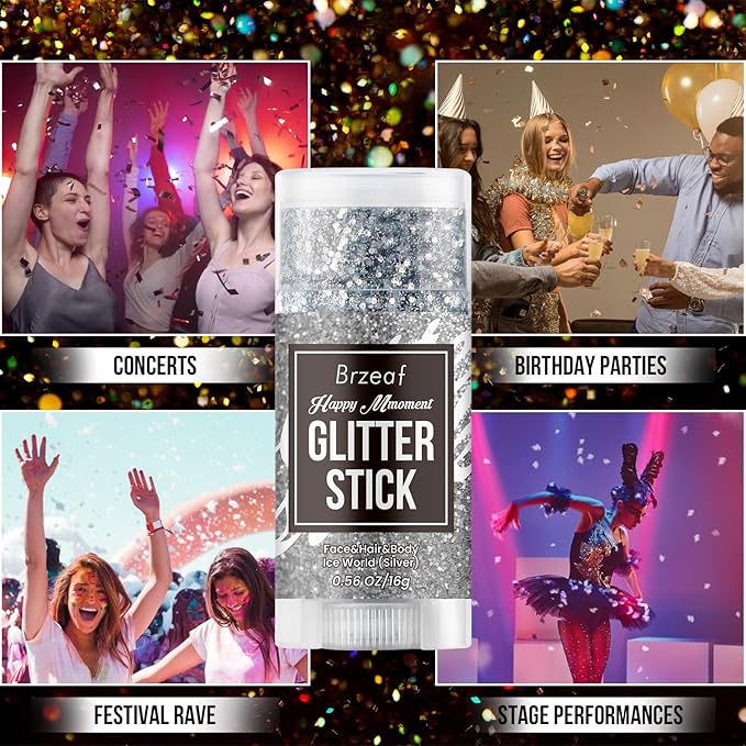 Brzeaf Silvery Body Glitter Stick, Waterproof & Long Lasting, Hair Eyeshadow Face Body Glitter, Singer Concert Music Halloween Rave Festival, Glitter Stick Makeup & Face Glitter Gel