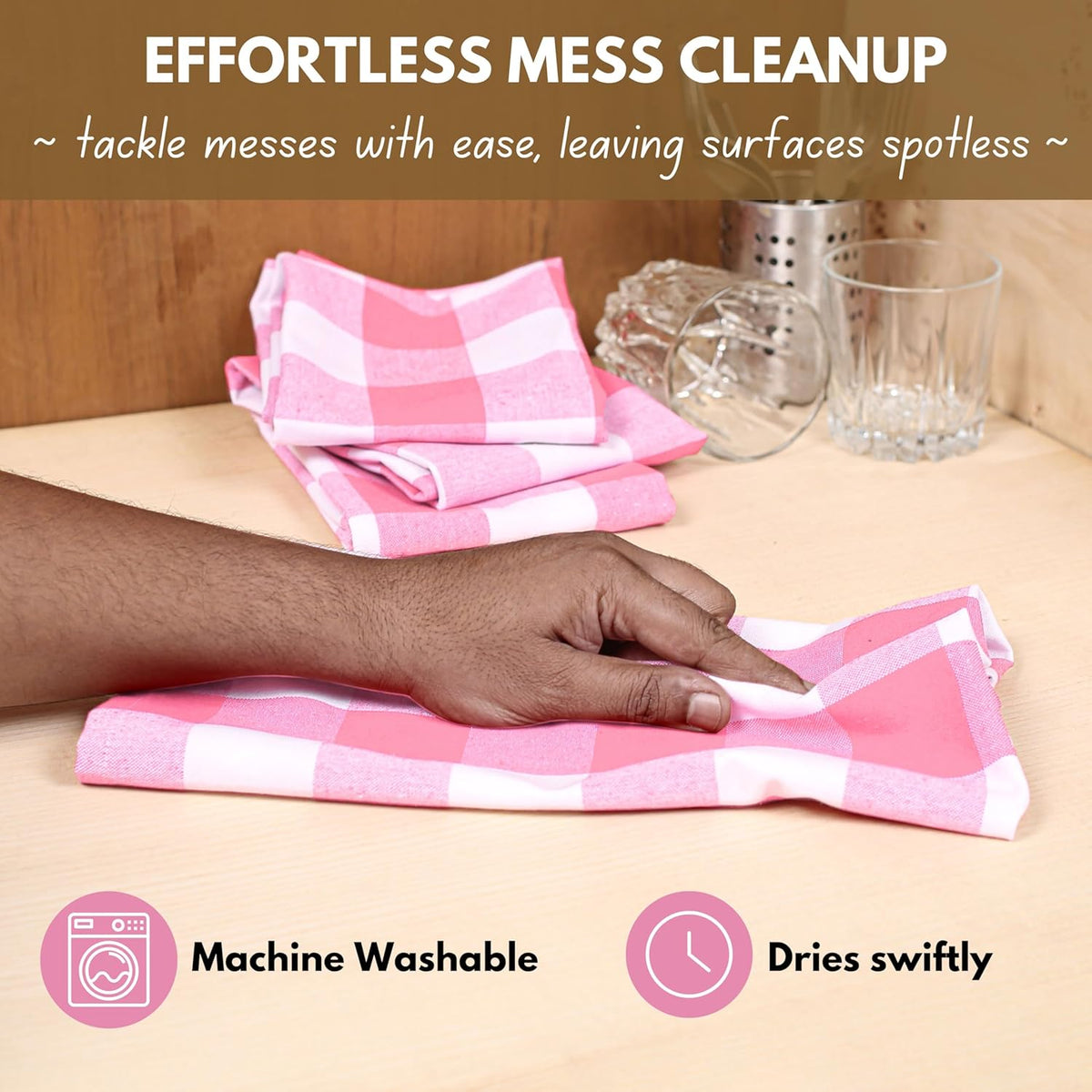 Native Fab Pink Checked Kitchen Towel 16"x26" - 12 Pack Buffalo Plaid Cotton Dish Towels - Absorbent Dishcloth Set, Soft Reusable Towels with Hanging Loop - Pink White