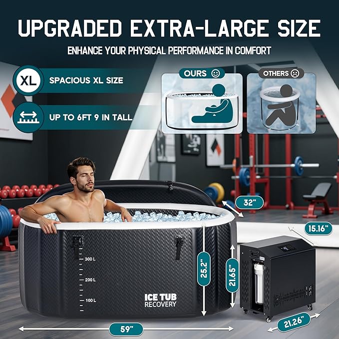 Albott Cold Plunge Tub with 1HP Chiller, Inflatable Ice Bath Tub with App Control, UV/Ozone System, Insulated Lid & Wheels, Full-Body Recovery Tub for Athletes, 150 Gal, 59"x32"x28"