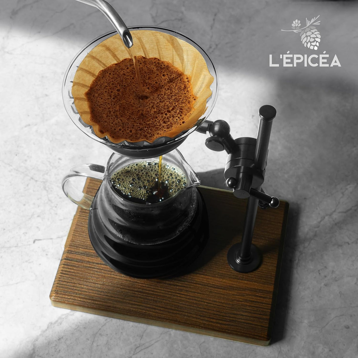 L'ÉPICÉA Pour Over Coffee Maker Set, Pour Over Coffee Maker with Stand, Adjustable Stainless Steel Stand, Wooden Base, Paper Filters, Cone Glass Carafe, Pour Over Coffee Dripper (Black)