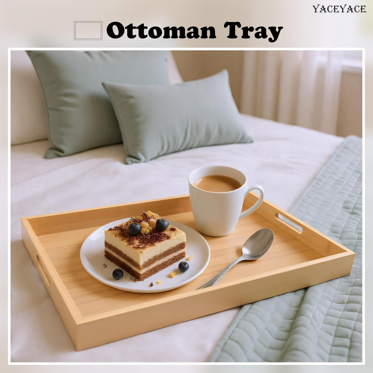 Serving Tray Decor, 15"x10"x1.5" Medium Bamboo Serving Tray for Bed, Home Decor, Food Tray for Coffee Table, Dining, Bar, Ottoman, Breakfast