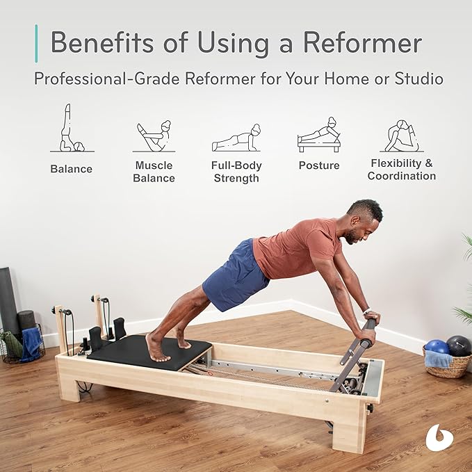 Balanced Body Studio Pilates Reformer with Sitting Exercise Box, Pilates Machine for Studio or at-Home Gym Equipment, Exercise Equipment for Fitness and Well-Being