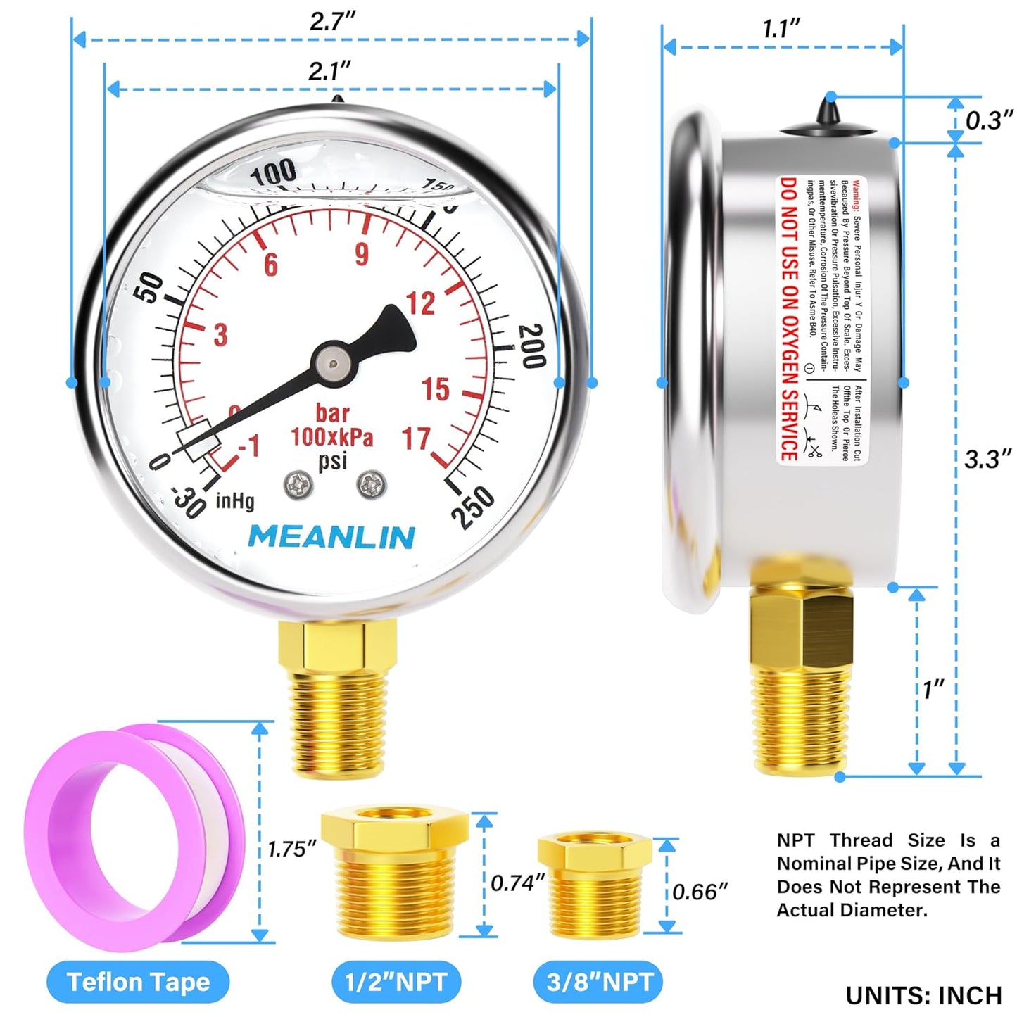 MEANLIN MEASURE -30inHG~250Psi Stainless Steel 1/4" NPT 2.5" FACE DIAL Vacuum Pressure Gauge, Lower Mount, with 1/4" x 1/2" NPT and 1/4" x 3/8" NPT Hex Bushing