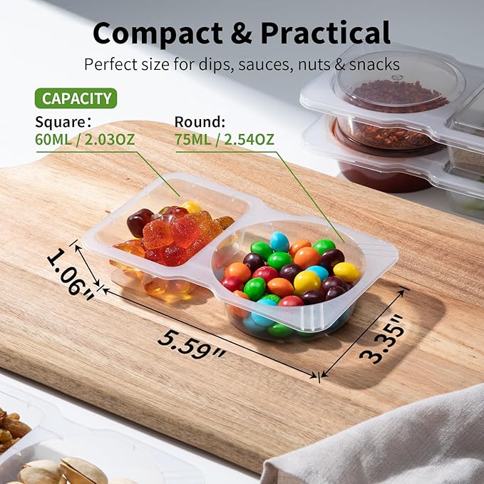 20 Sets Reusable Snack Containers with Lids & 20 Sporks – Double Compartment for Portion Control, BPA-Free Leak-Proof Dipping Containers for Meal Prep, Travel, and Outdoor Snacks (Clear)