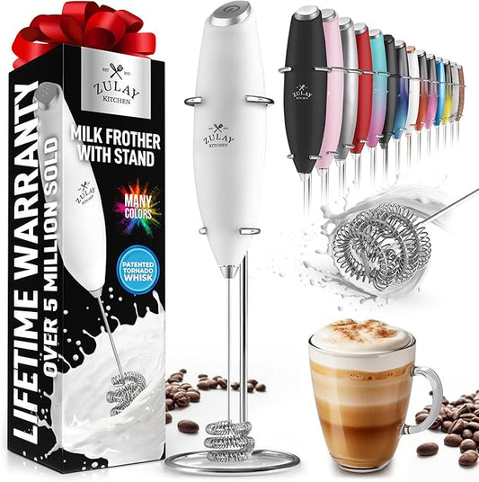 Zulay Kitchen Tornado Milk Frother Handheld Wand – Electric Coffee Frother with Triple Whisk & Stand – Hand Held Drink Mixer for Latte, Cappuccino, Matcha, Hot Chocolate, Protein Shakes – White