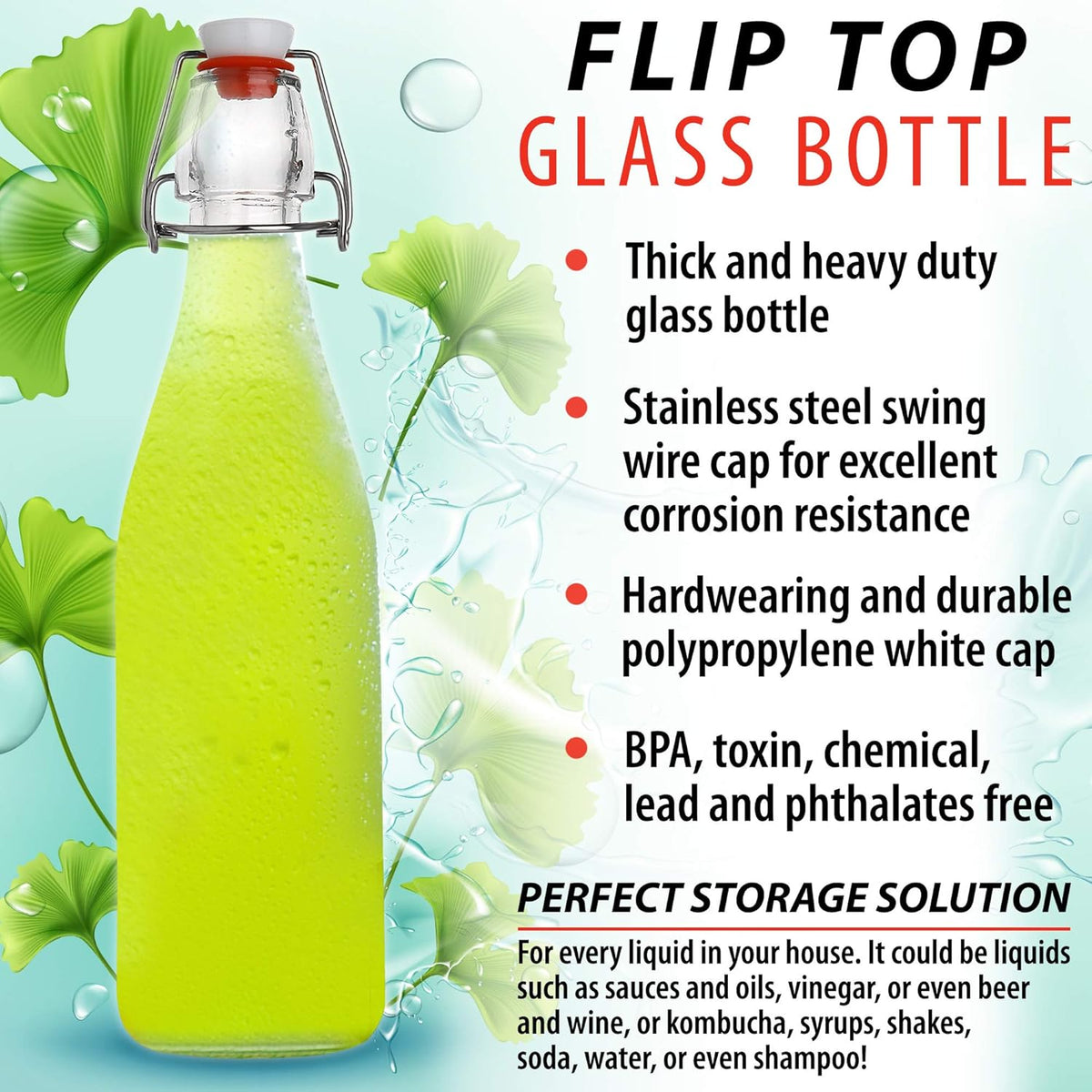 AYL Flip Top Glass Bottle [16 fl. oz./Pack of 6]– Swing Top Brewing Bottle with Stopper for Beverages, Oil, Vinegar, Kombucha, Beer, Water, Soda, Kefir – Airtight Lid & Leak Proof Cap – Clear