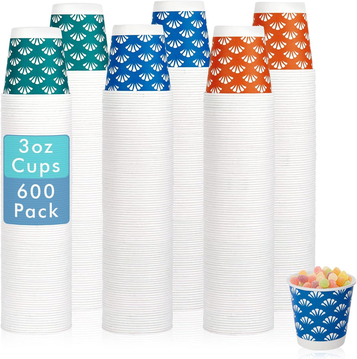 JollyPack 600 Pack 3 oz Disposable Bathroom Paper Cups, Small Mouthwash Cups in Orange, Blue, and Green, Great for Candy, Biscuits, Bathroom Use, Parties, Picnics, and Travel