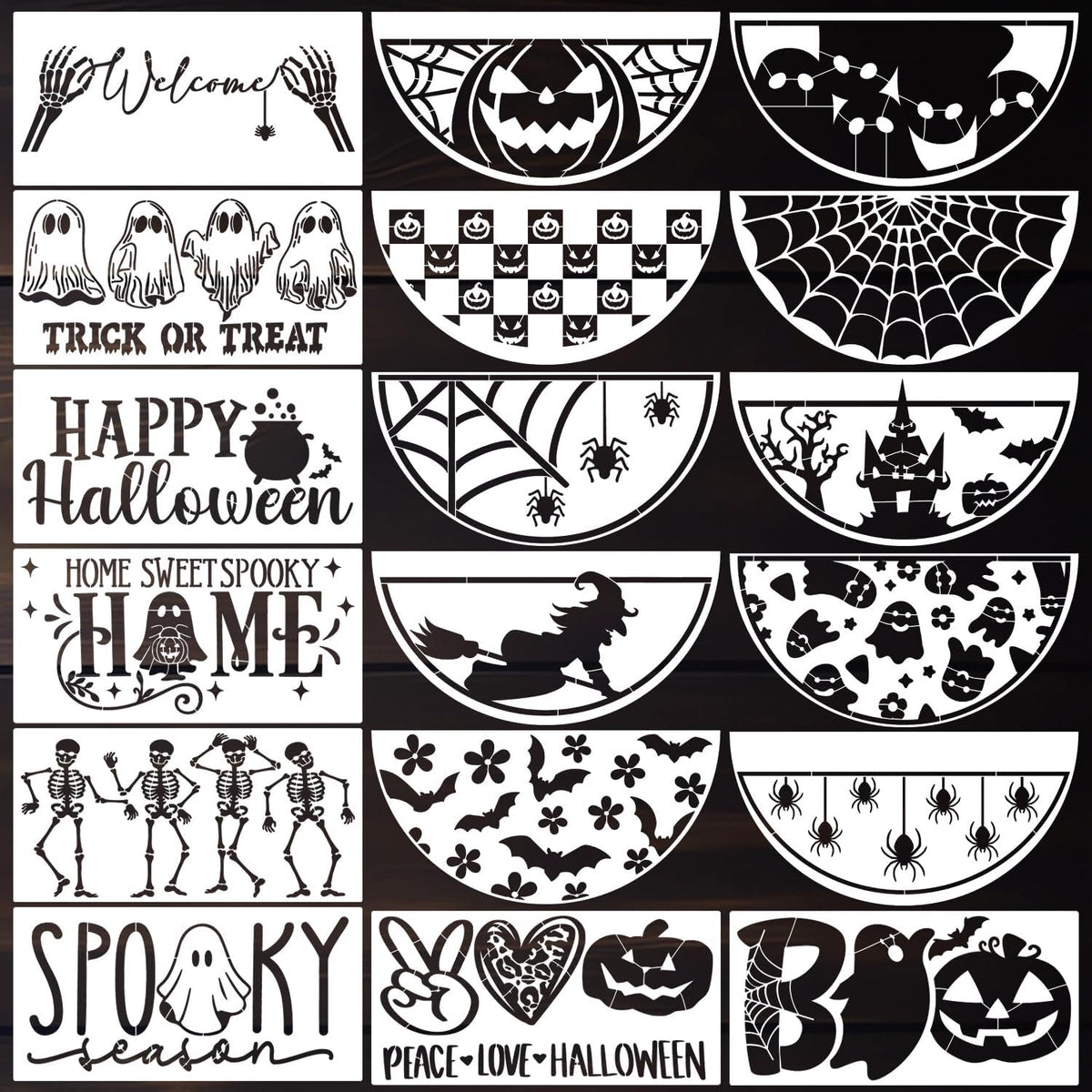 Halloween Stencils for Painting on Wood 12” Halloween Doormat Stencils Ghost Boo Witches Spider Bats Draw Templates for Porch Hanger Door Mats Fabrics DIY Crafts Decor