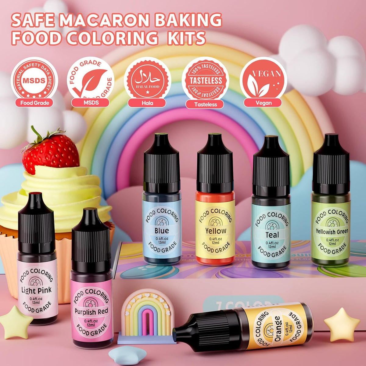 Food Coloring for Cake Decorating Macaron Edible Food Dye for Baking Royal Icing Cookie Supplies Gluten Free 7x12ml Food Grade Liquid Food Color Kits, 0.4 Fl. Oz/Bottles