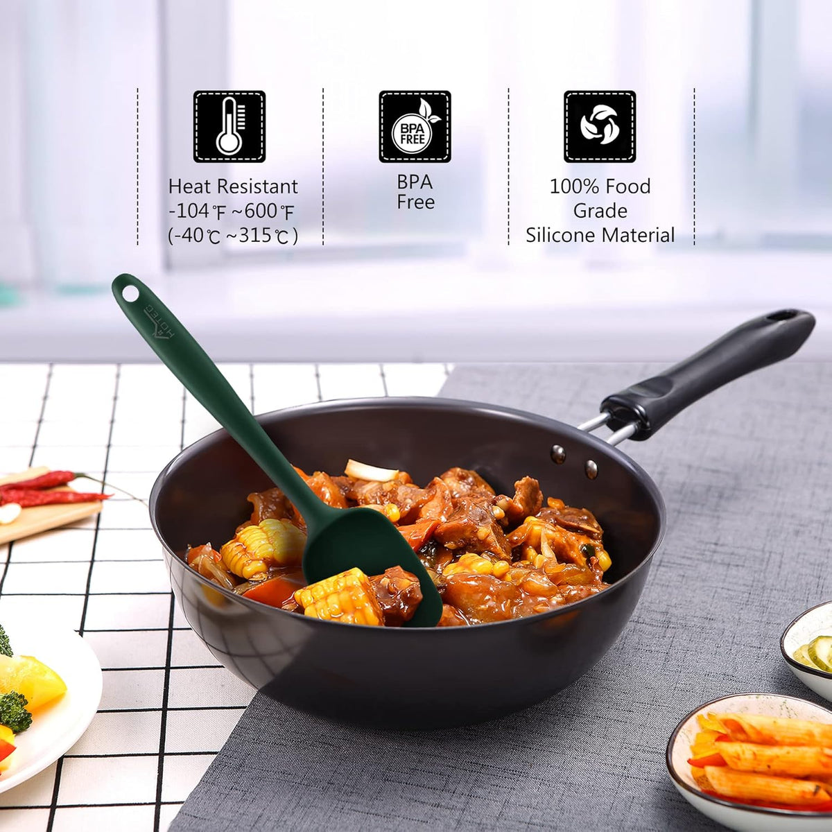 HOTEC 600℉ Heat Resistant BPA-Free Silicone Rubber Spatula Set,Kitchen Cooking Spatulas, Baking, Mixing for Non Stick Cookware, Dishwasher Safe, Dark Green Set of 5