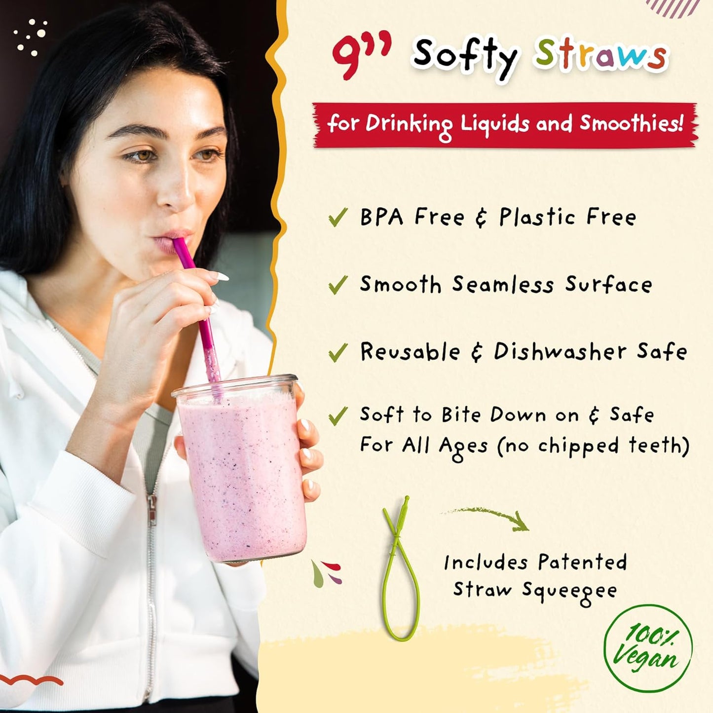 Wide Premium Reusable Silicone Drinking Straws + Patented Straw Squeegee - 9” Long With Curved Bend for 20 30 32 oz Tumblers Non Rubber, Flexible, Safe for Kids/Toddlers, Smoothie