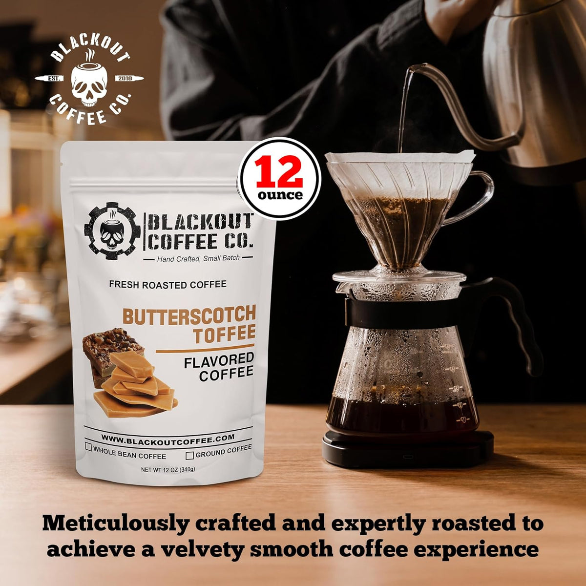 Blackout Coffee Butterscotch Toffee Flavored Medium Roast - Freshly Roasted in the USA - 12 oz Ground Coffee Pouch