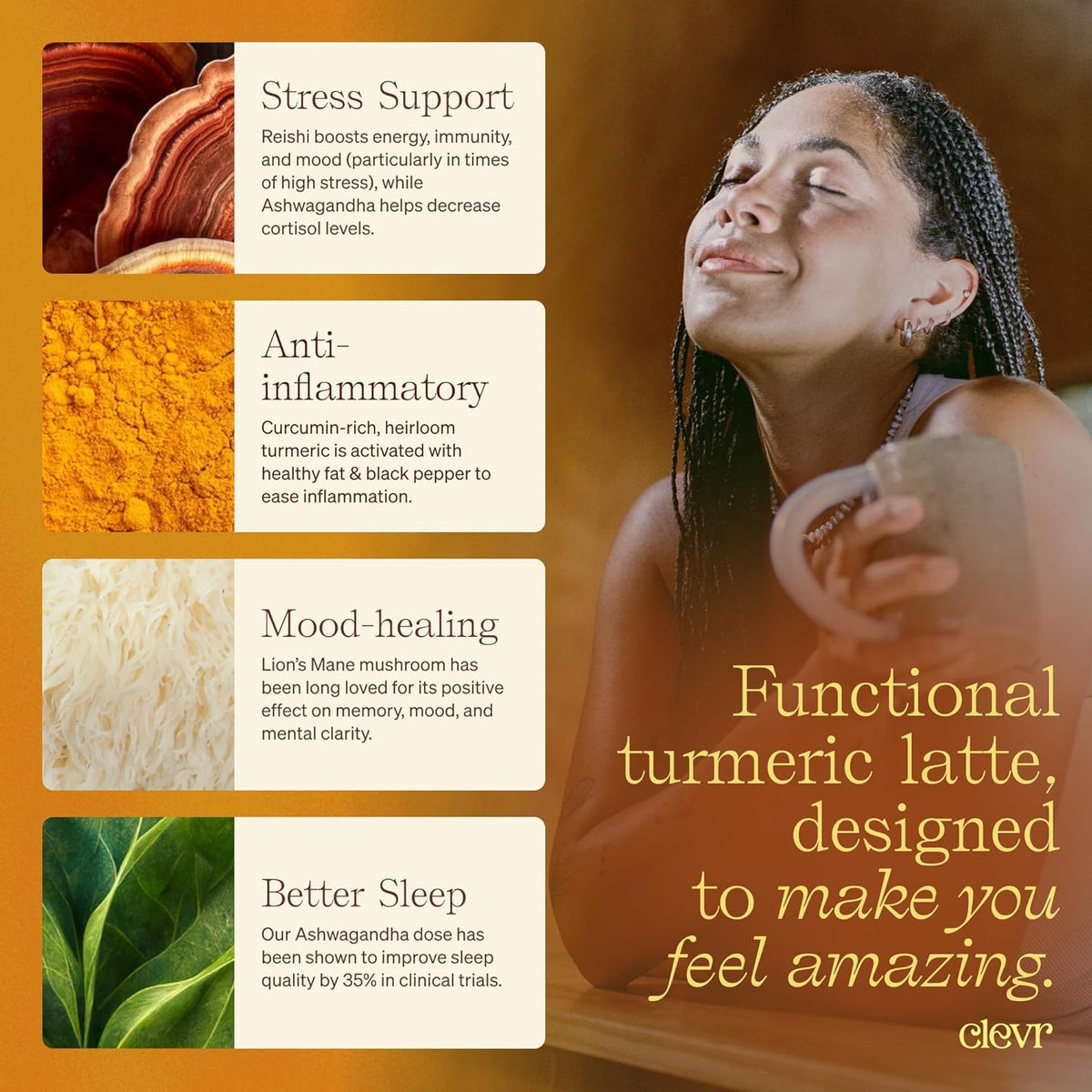 Clevr Blends Turmeric Powder, Golden Milk Instant Latte Mix, Superfood Powder with Oat Milk, Lions Mane, Reishi Mushroom, Organic Spices, Coconut Cream, Ashwagandha, Serve Hot or Iced, (14 Lattes)