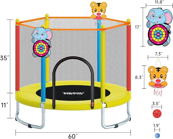 60" Indoor Outdoor Trampoline for Kids,MILUMILU Mini Baby Trampoline with Safety Enclosure Net, Basketball Hoop, Jumping Mat - Birthday Gifts for Children Boy Girl.