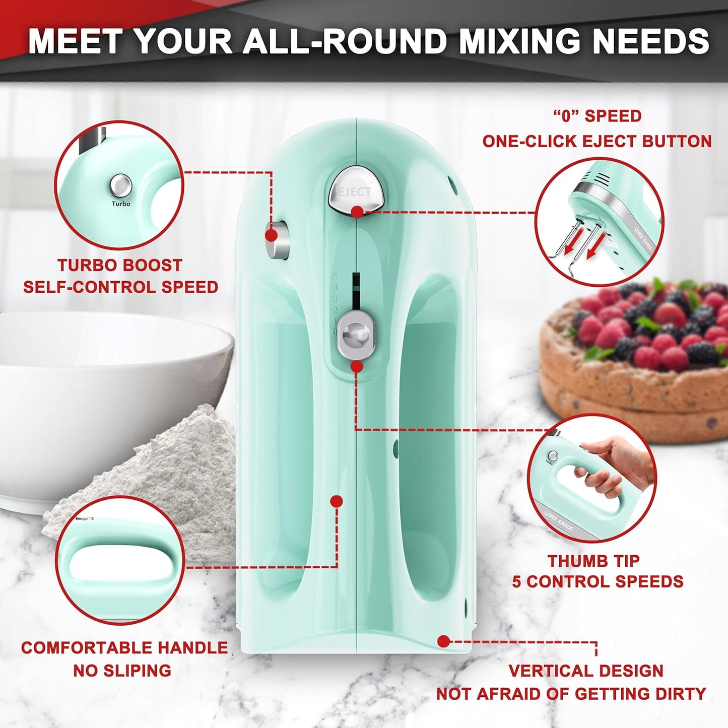 Lord Eagle Hand Mixer Electric 400W, 5 Speed handheld Mixer, 5 Stainless Steel Accessories for Baking Cake Egg Cream Food Beater, Turbo Boost/Self-Control Speed + Eject Button