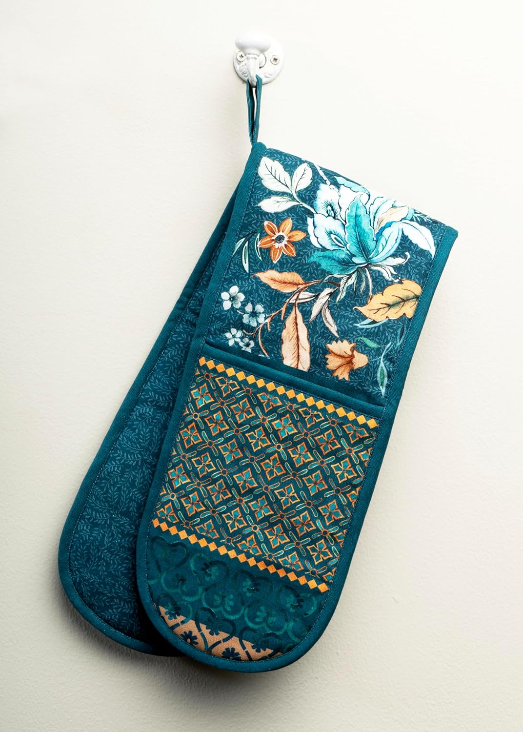 Maison d' Hermine Double Oven Mitts 100% Cotton 7"x35" Double Oven Mitt Heat Resistant BBQ Cooking Gloves with Loop, Baking, Grilling, Home, Kitchen, Handling Hot Pans (Luxury Loft-Dark Teal)