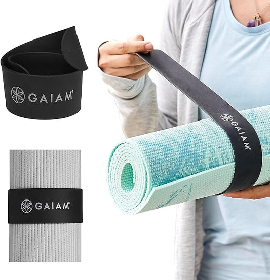 Gaiam Yoga Mat Strap Slap Band - Keeps Your Mat Tightly Rolled and Secure with One Snap - Strong Clasp for Yoga Mat Storage and Travel - Fits Most Size Mats (20"L x 1.5"W), Black