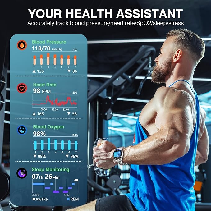 2025 DA GPT Smart Watch for Men, Heart Rate, Blood Pressure, Blood Oxygen, Sleep Monitor, 107 Sports Modes, 1.19-inch AMOLED Display, Waterproof Round Watch, Compatible Android and iOS Silver Blue