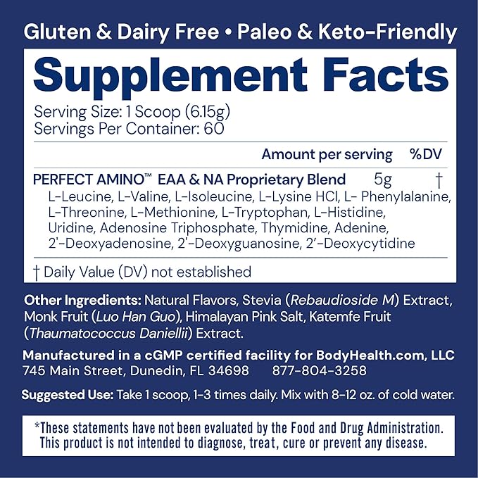 BodyHealth PerfectAmino Powder - BCAA and EAA Powder for Pre and Post Workout - Amino Acid Energy Drink for Men and Women to Support Lean Muscle and Recovery - Chocolate - 60 Servings