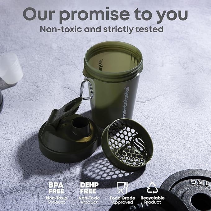 Smartshake Lite 4-Pack Protein Shaker Bottle 1000 ml | 34 oz - Leakproof Screw-on Lid - BPA Free – Unisex - Mist Gray, Army Green, Black, Navy Blue