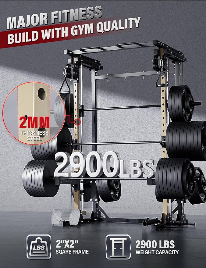 MAJOR FITNESS Drone3 Smith Machine, All-in-One Home Gym Power Rack with Cable Crossover, Pull-Up Bars, T-Bar & Squat Station, Heavy-Duty Full-Body Workout for Strength Training