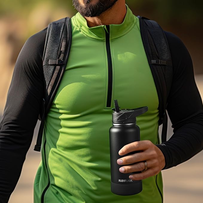 40oz Insulated Water Bottle with Straw, Stainless Steel Metal Vacuum Water Flask, Large Thermal Water bottle with Leakproof 3 Lids for Travel, Camping, Gym Sports Armygreen